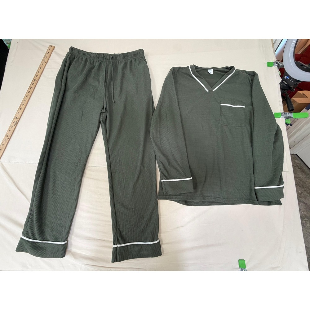 IFFEI Men's Waffle Knit Pajama Set Olive Green XL Two Piece Lounge Sleepwear